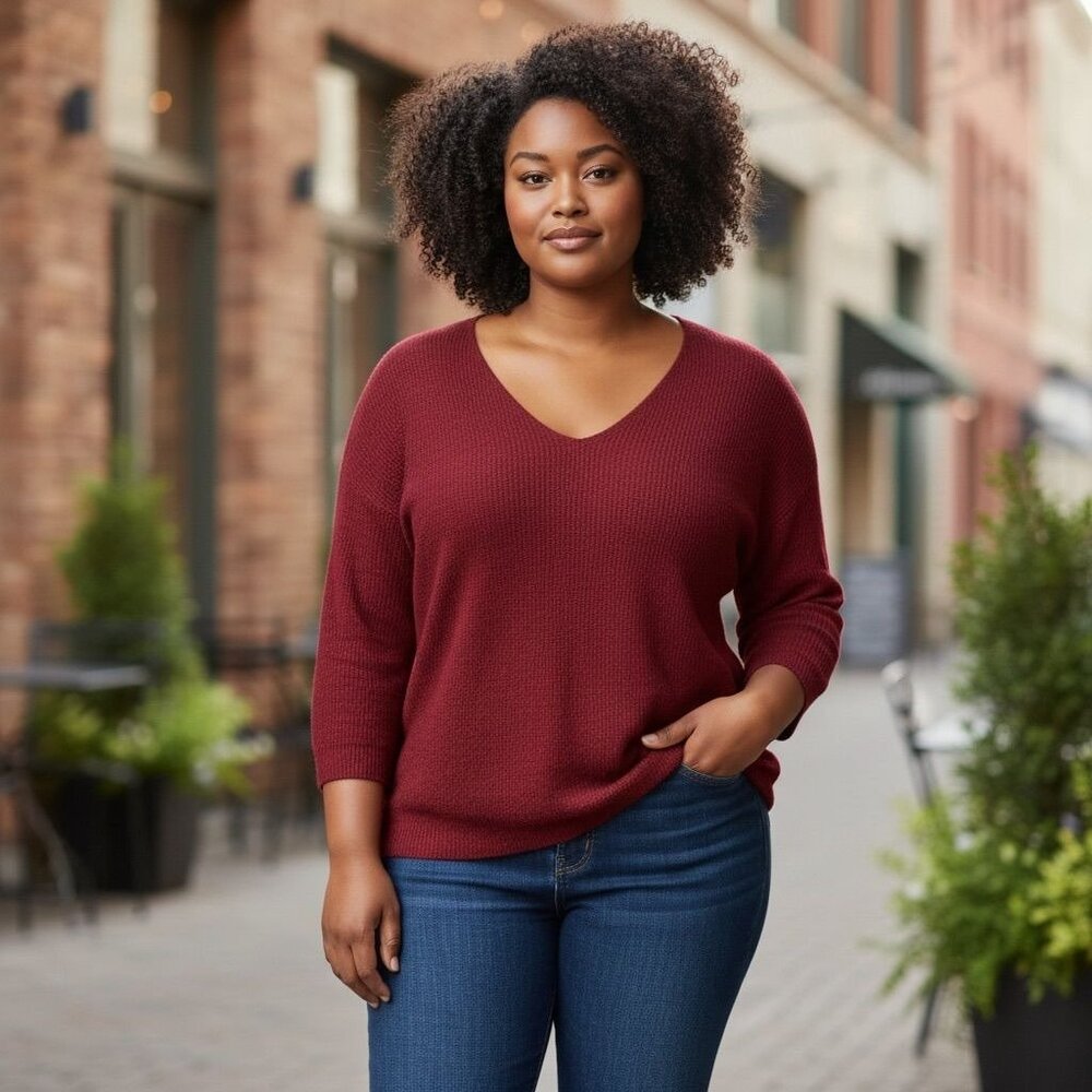 Ava & Viv Women V-Neck 3/4 Sleeves Stretchy Red Knit Winter Sweater Plus Size 3X - Picture 2 of 10